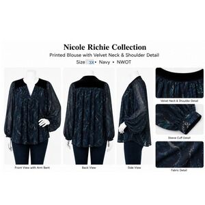 Nicole Richie Collection Navy Blue Printed Velvet Trim Blouse Plus Size 3X NWOT
